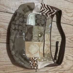 Coach Ergo Khaki Gold Browns Patchwork Medium Hobo Tiger Leopard & Classic "C"